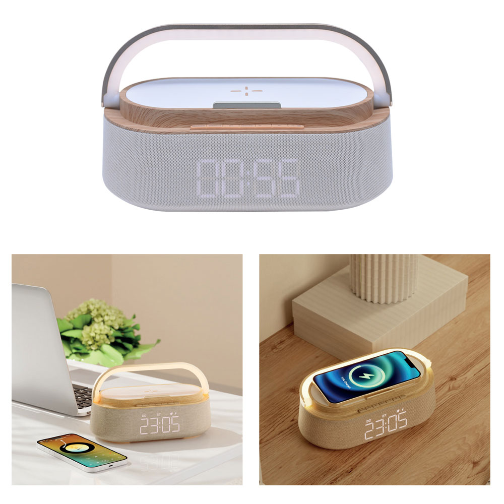 5’i 1 Arada Bluetooth Hoparlör, Kablosuz Şarj, Saat, Telefon Standı, Masa Lambası